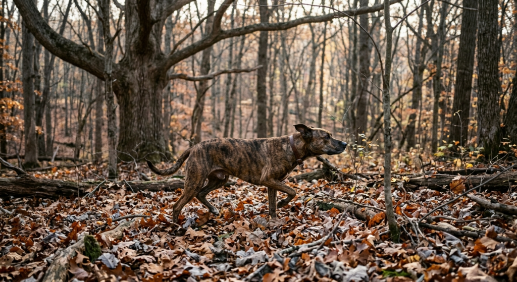 Mountain Cur squirrel dog working through open hardwood timber alone on a fall morning