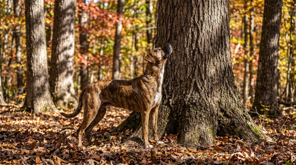 Mountain Cur squirrel dog looking up a hardwood tree during a morning squirrel hunt in autumn timber