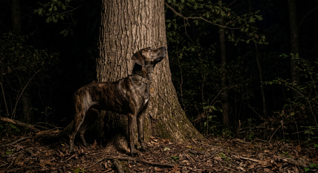 Plott hound at tree base during coonhound nite hunt cast in hardwood timber at night