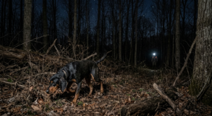 Black and Tan Coonhound working a cold track alone through hardwood timber during early training