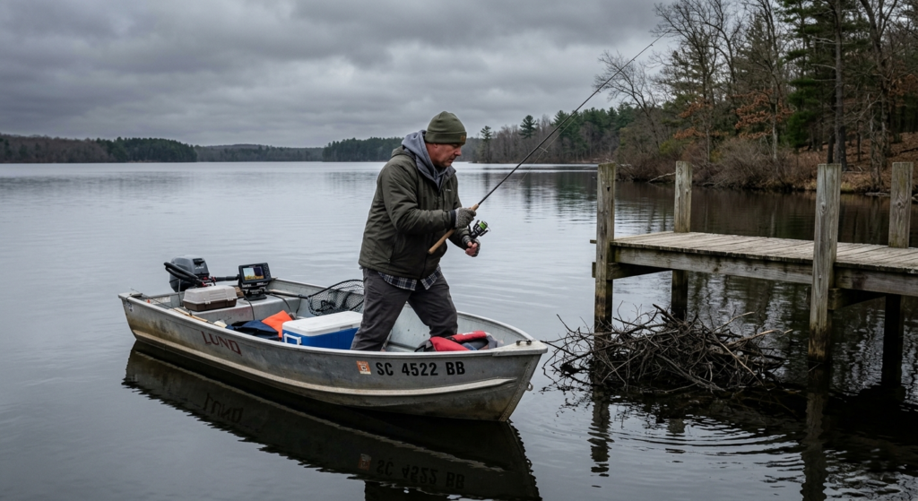 Angler fishing vertically from a small boat next to a dock on a calm, overcast spring morning