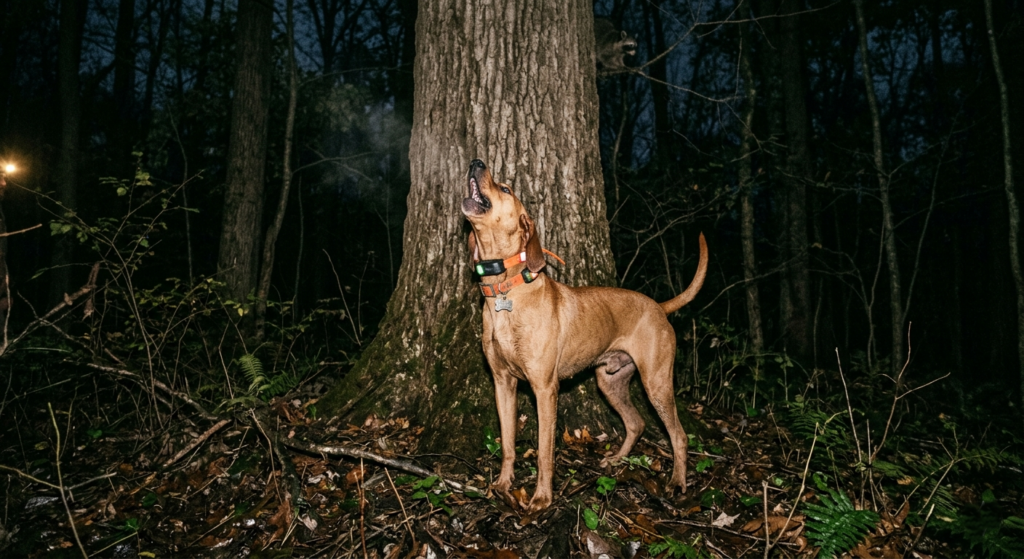 Redbone Coonhound standing at the base of a hardwood tree baying on a solo night hunt in heavy timber
