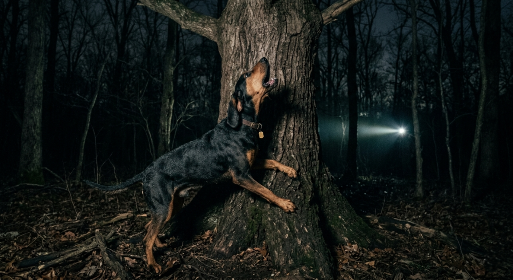 Black and Tan Coonhound barking at the base of a tree at night during a coon hunt