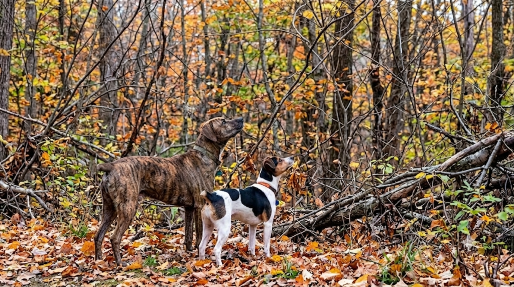 Mountain cur and feist squirrel dogs standing together at the edge of hardwood timber