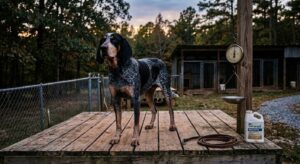 Bluetick Coonhound standing near kennel supplies used for budget-minded parasite control and hound care