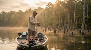Angler casting a rod near submerged timber while fishing for summer crappie without a fish finder