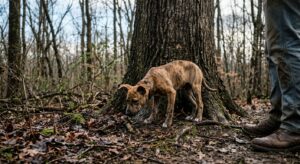Mountain Cur squirrel dog puppy working a scent track at the base of a tree during an early morning hunt