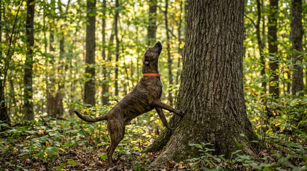 Treeing Cur squirrel dog scenting up a tree during a daylight hunt, representing a started dog building treeing accuracy