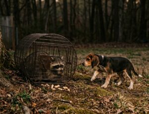 Coonhound puppy sniffing a roll cage used for early coon exposure