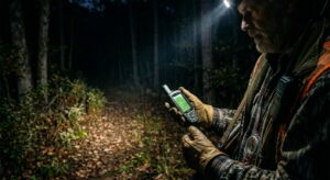 e-collar receiver at the base of a tree during a night hunt in hardwood timber