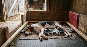 Treeing Walker Coonhound dam nursing newborn puppies in a whelping box with a puppy rail